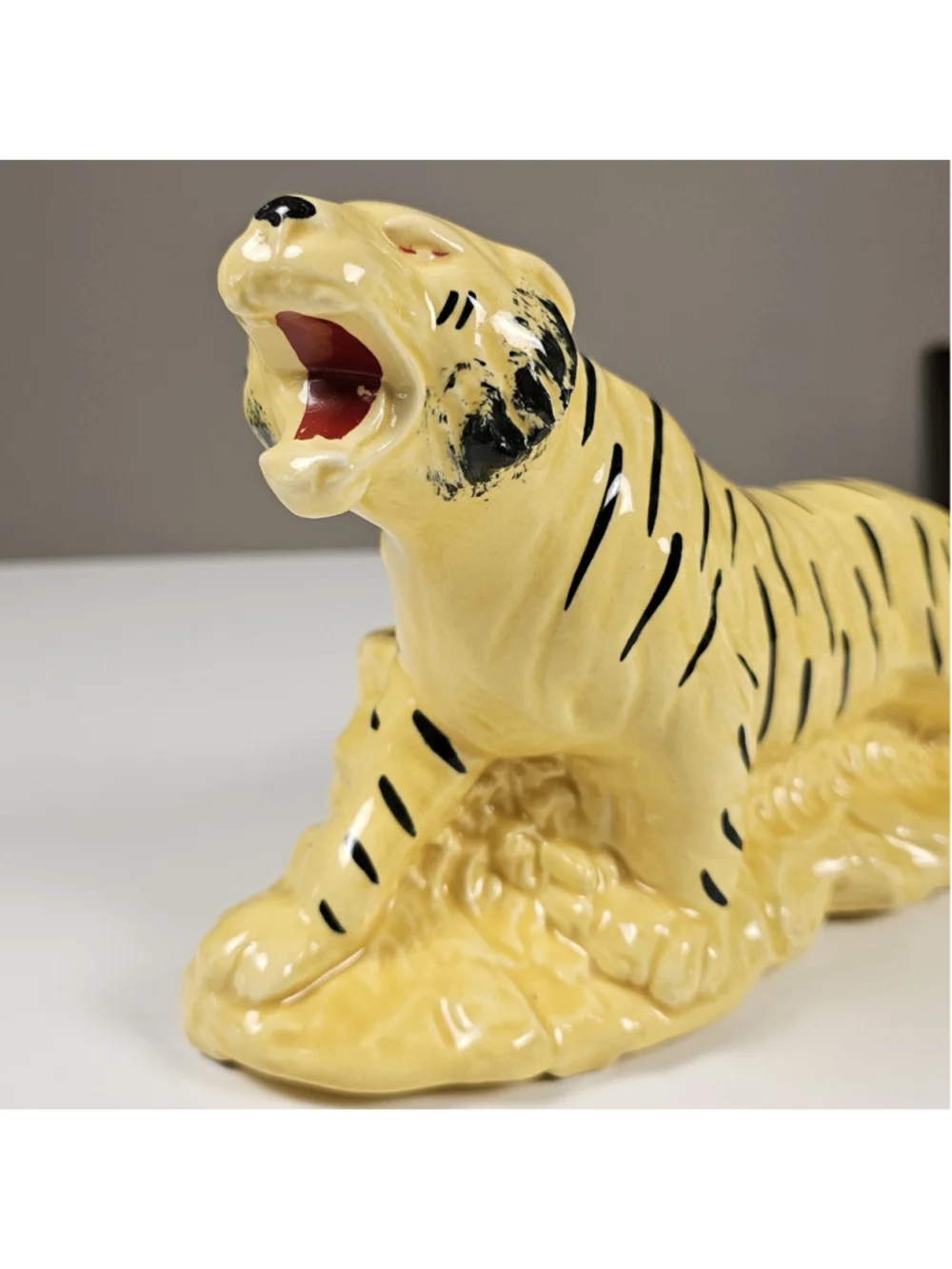 Vintage MCM Yellow Ceramic Tiger Planter Figurine 1950s TV Top Caddy Retro Gloss